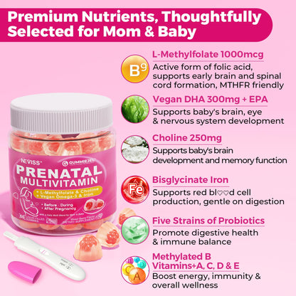 Prenatal Vitamins for Women Gummies - Methylfolate 1mg, DHA+EPA, Choline | Sugar-Free, Vegan | 60 Count