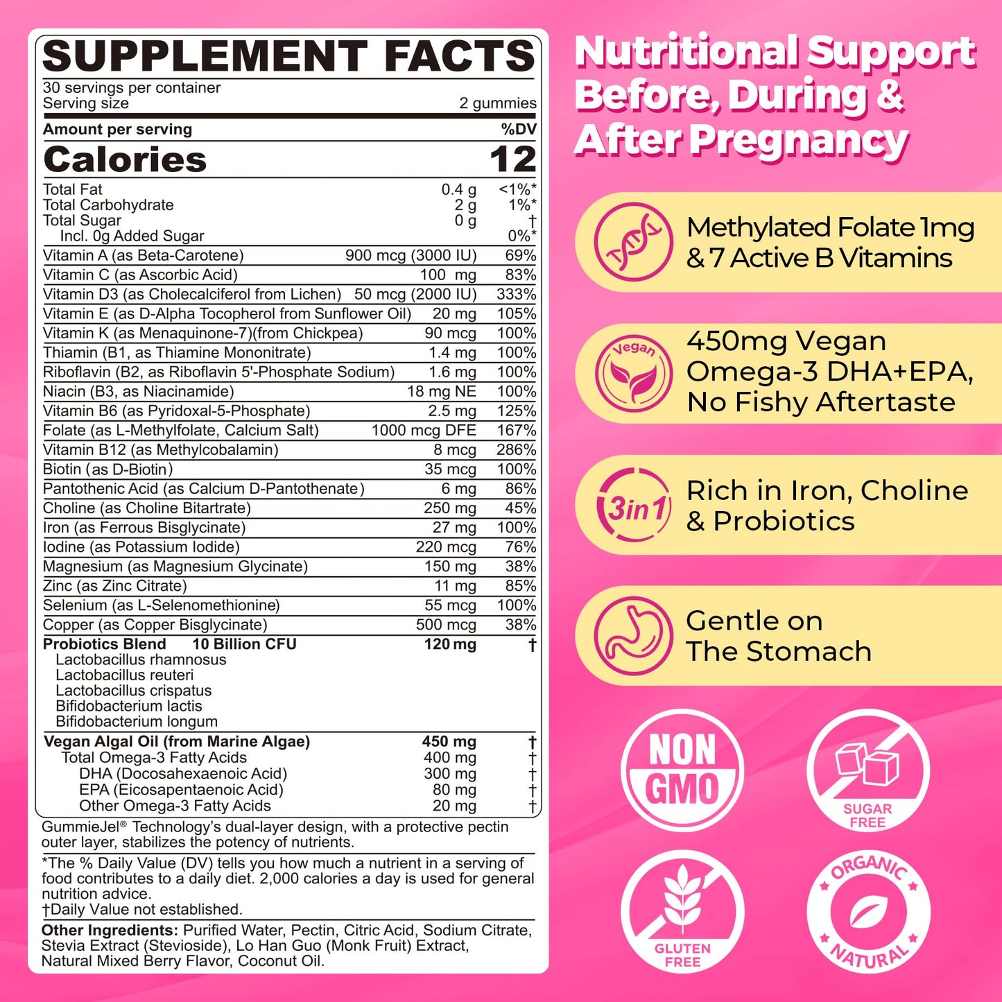 Prenatal Vitamins for Women Gummies - Methylfolate 1mg, DHA+EPA, Choline | Sugar-Free, Vegan | 60 Count