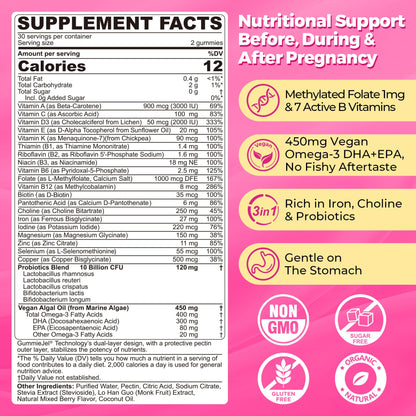 Prenatal Vitamins for Women Gummies - Methylfolate 1mg, DHA+EPA, Choline | Sugar-Free, Vegan | 60 Count