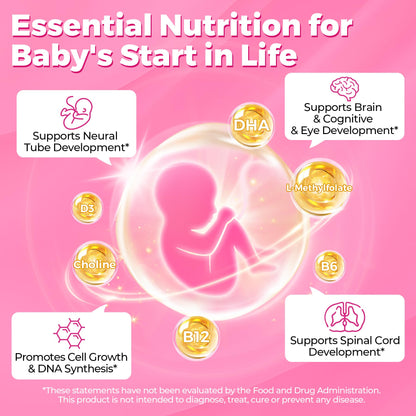 Prenatal Vitamins for Women Gummies - Methylfolate 1mg, DHA+EPA, Choline | Sugar-Free, Vegan | 60 Count