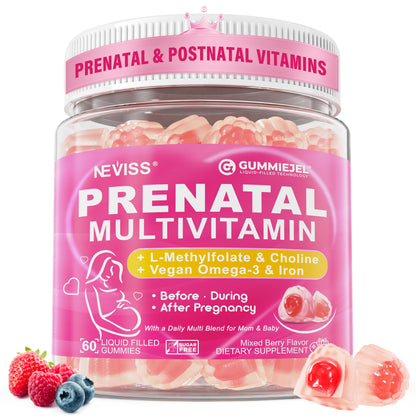 Prenatal Vitamins for Women Gummies - Methylfolate 1mg, DHA+EPA, Choline | Sugar-Free, Vegan | 60 Count
