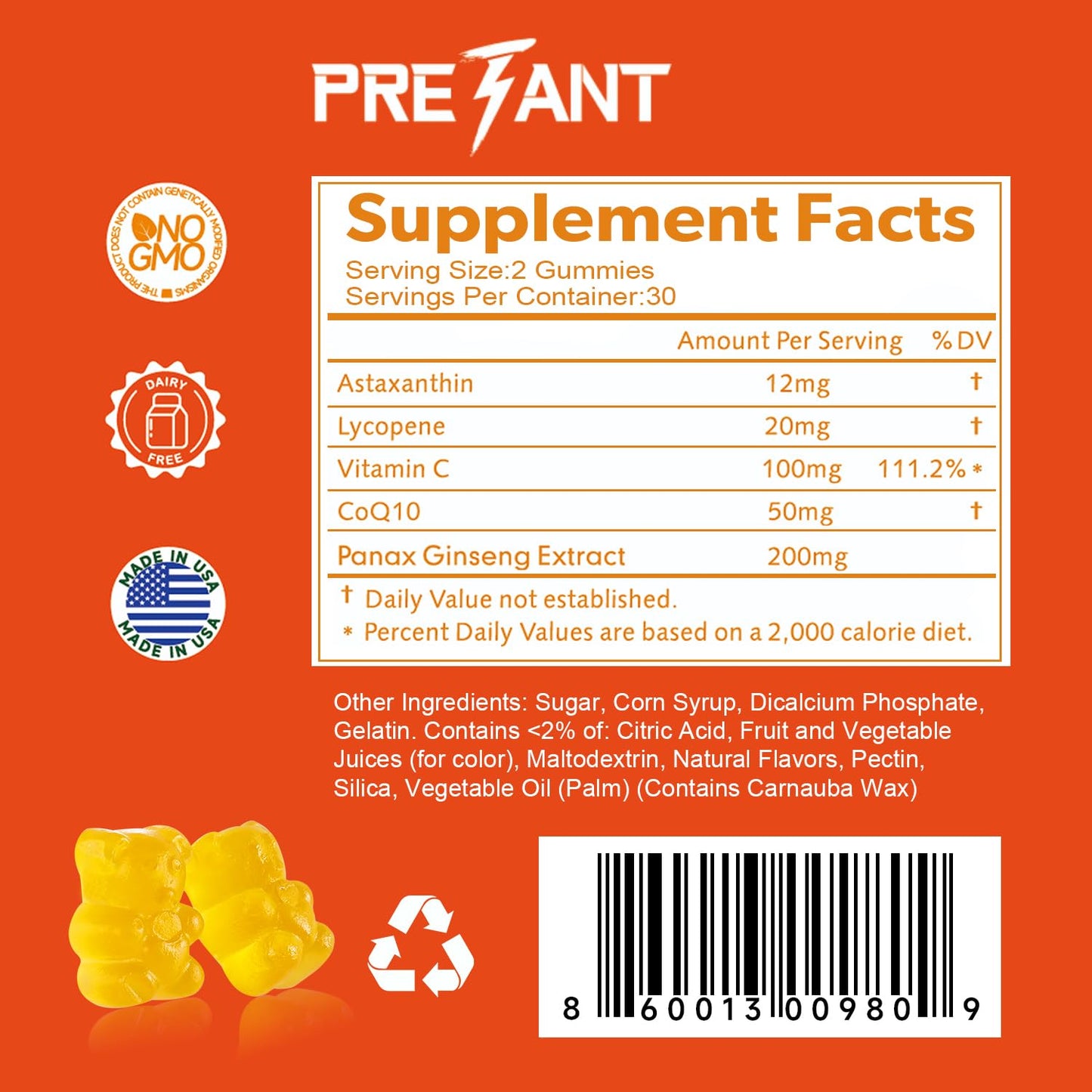 PRETANT Prostate Health Gummies — Astaxanthin + Lycopene for Prostate, Heart, Eye & Skin Support | Vegan 30 Servings