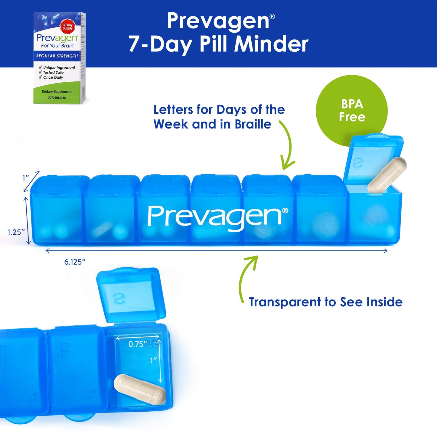 Prevagen Regular Strength - 30 Capsules (1 Month Supply) | Formulated for Your Brain | 10mg of Apoaequorin Plus Vitamin D3 with 7-Day Pill Minder