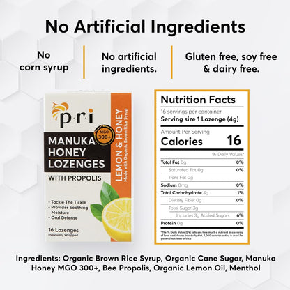 P.R.I Manuka Honey Lozenges with Propolis – MGO 300+ (Lemon, 16 Count)