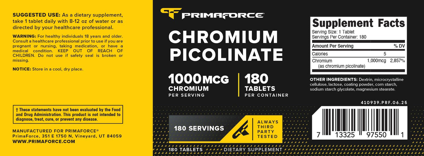 PrimaForce Chromium Picolinate 1000mcg, 180 Tablets | Non-GMO, Gluten Free