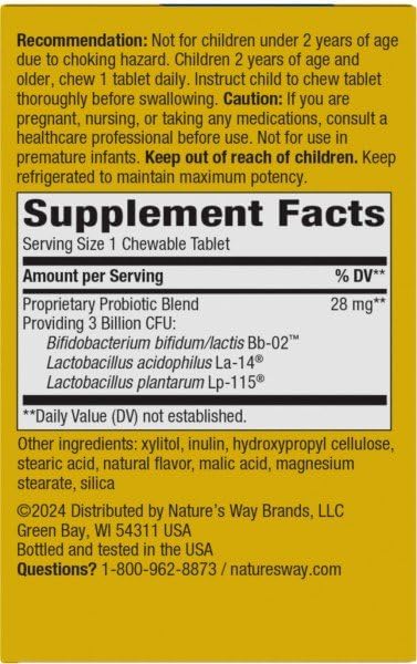 Nature's Way Primadophilus Probiotic Chewables for Kids – 3B CFU, Cherry Flavor | Ages 2+