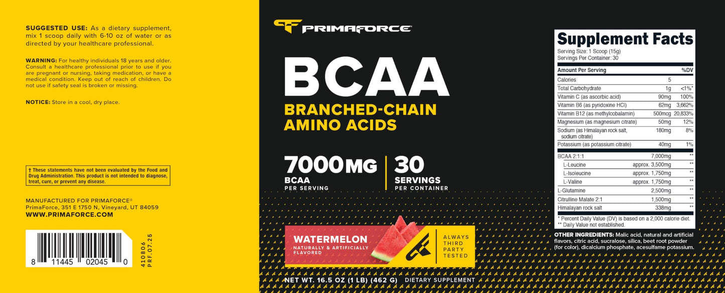 Primaforce BCAA Powder (Watermelon) - 7000MG BCAAs 2:1:1, 30 Servings