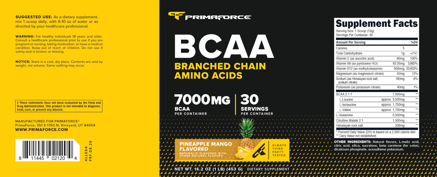 Primaforce Pineapple Mango BCAA Powder – 7000MG, 2:1:1, 30 Servings