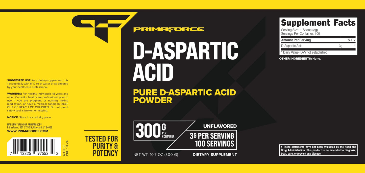 Primaforce D-Aspartic Acid 300 Grams (100 Servings) – Unflavored, Vegetarian, Non-GMO