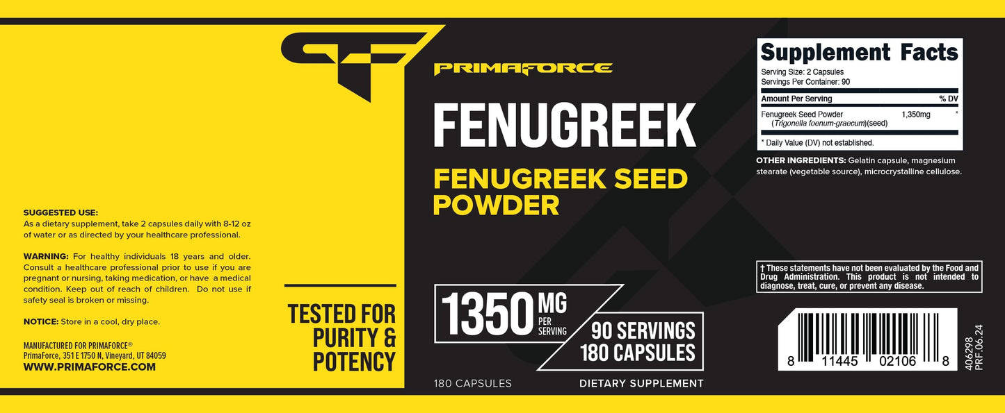PrimaForce Fenugreek Seed Capsules - 180 Capsules, 1350 mg per Serving, Non-GMO