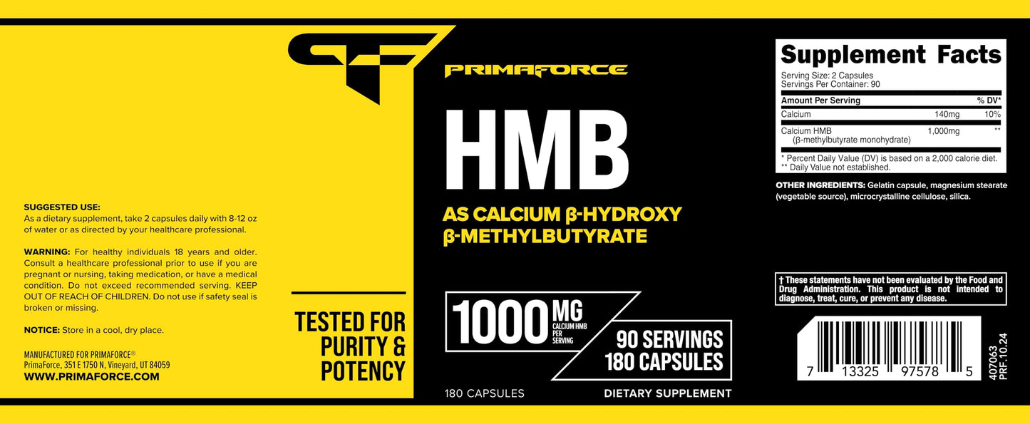 Primaforce HMB 1000mg – 180 Capsules | Gluten Free & Non-GMO