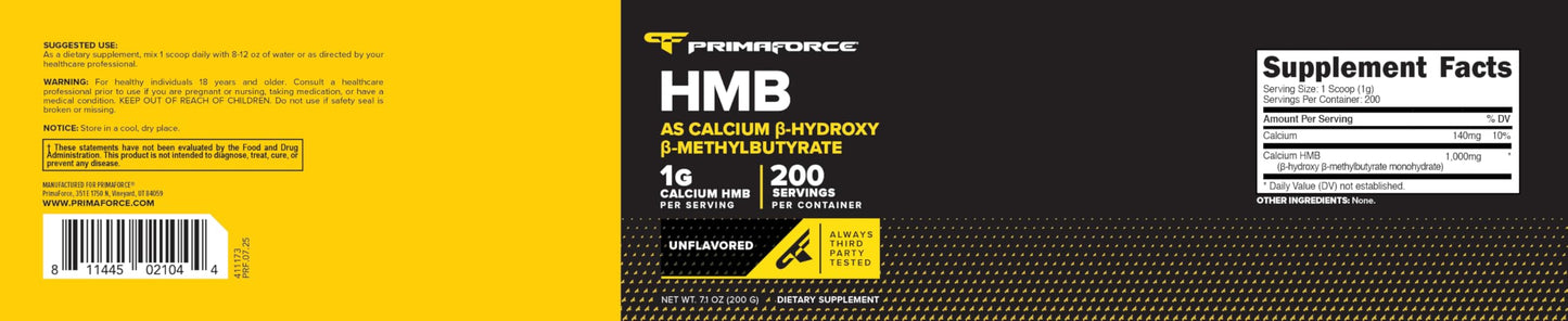 Primaforce HMB Supplement Powder 200g - Unflavored, Pure Calcium Beta-Hydroxy Beta-Methylbutrate