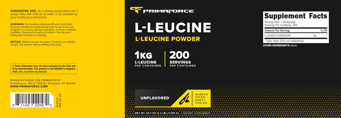 Primaforce L-Leucine Pure Powder 1 KG (2.2lbs) – Non-GMO, Gluten Free, 200 Servings