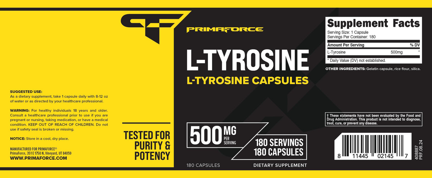 Primaforce L-Tyrosine Capsules | 180 Count, 500 mg per Serving