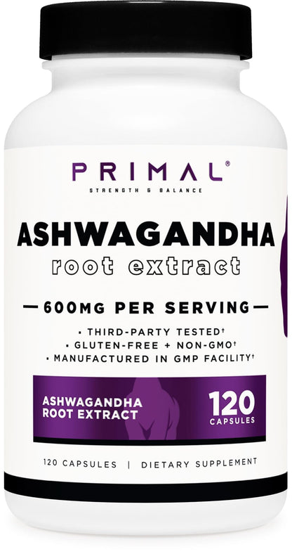 Primal Ashwagandha Root Extract 120 Capsules | 600mg per Serving | Gluten-Free & Non-GMO