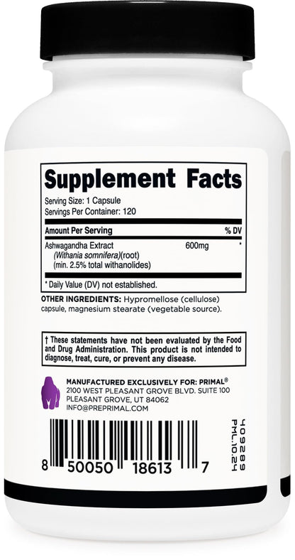 Primal Ashwagandha Root Extract 120 Capsules | 600mg per Serving | Gluten-Free & Non-GMO