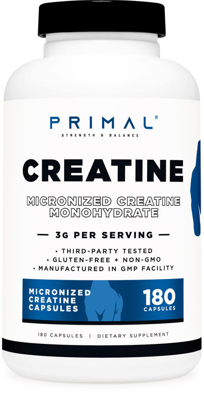 Primal Creatine Monohydrate – 3,000 mg, 180 Caps | Preworkout & Recovery