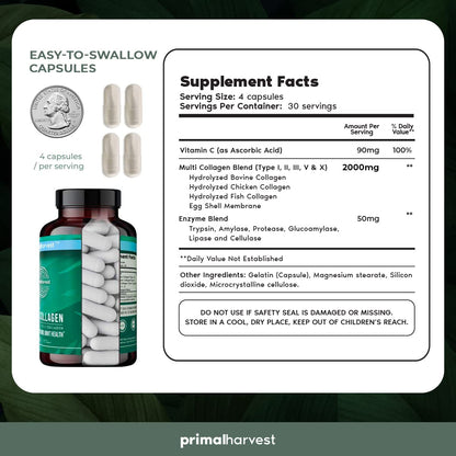 Primal Harvest Multi Collagen Pills (Type I II III V X) 120 Capsules – Hair Skin Nails