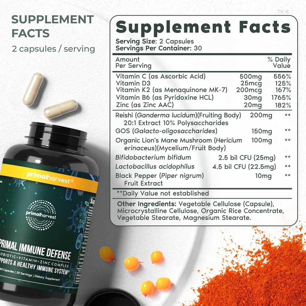 Primal Harvest Immune Defense 10-in-1 - Probiotics, Zinc, C, D3, K2 for Daily Immune Support