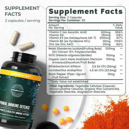 Primal Harvest Immune Defense 10-in-1 - Probiotics, Zinc, C, D3, K2 for Daily Immune Support
