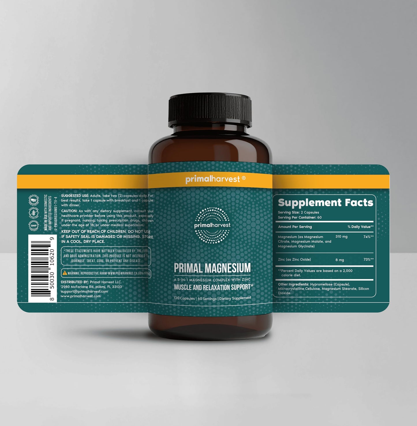 Primal Harvest Magnesium Complex 310mg with Glycinate, Citrate, Malate + Zinc — 2 Pack, 240 Capsules