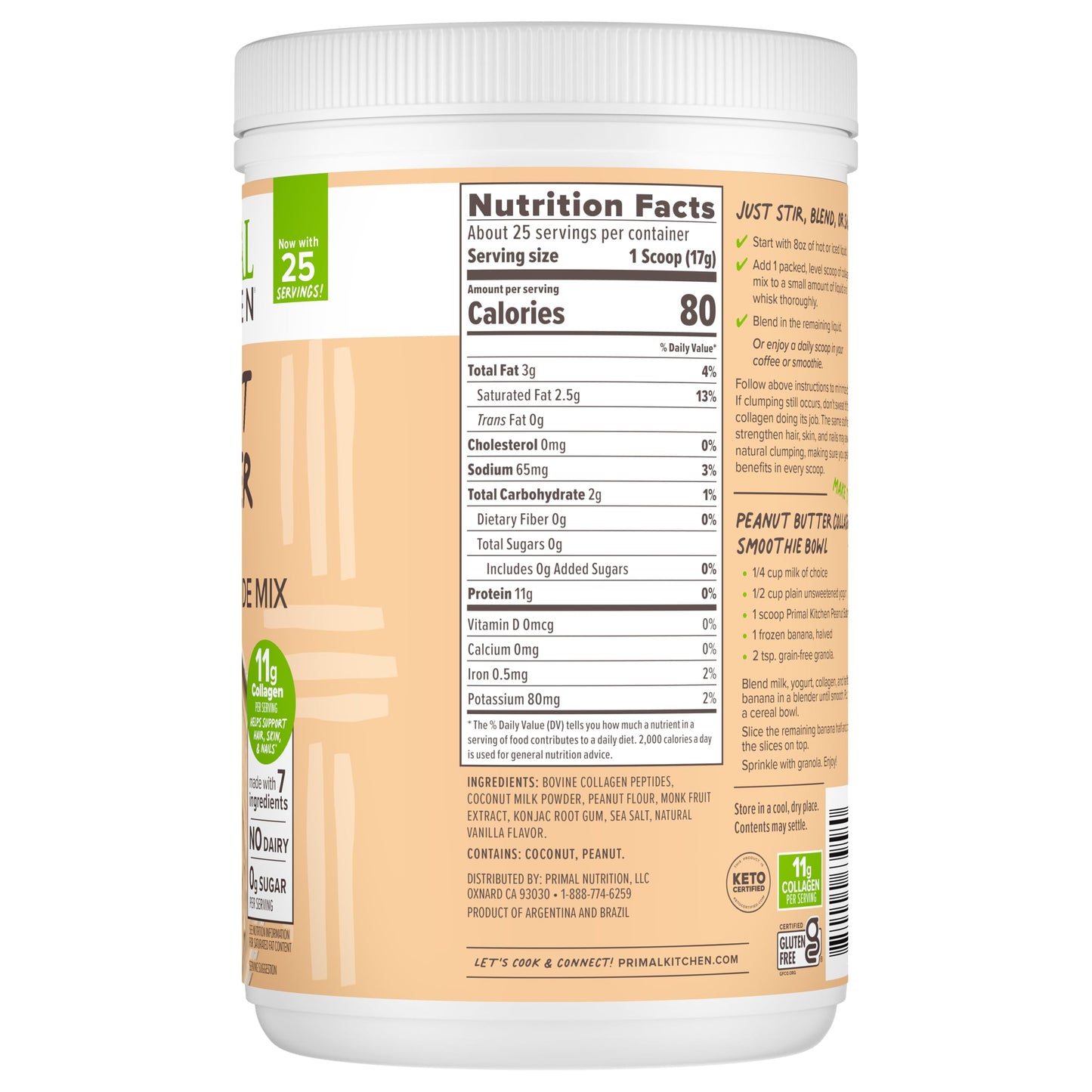 Primal Kitchen Peanut Butter Flavor Collagen Fuel Drink Mix 14.3 oz