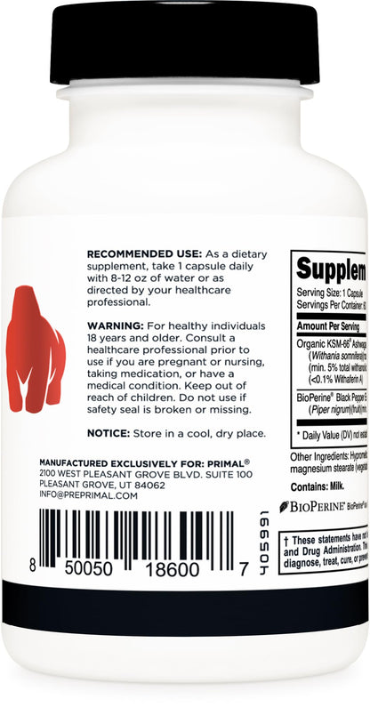 Primal KSM-66 Ashwagandha Complex – 60 Capsules (600 mg per Serving) | BioPerine, Gluten Free, Non-GMO