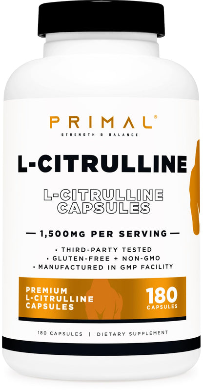 Primal L-Citrulline Capsules (180 Capsules, 1,500 mg Per Serving) | Premium L-Citrulline Supplement