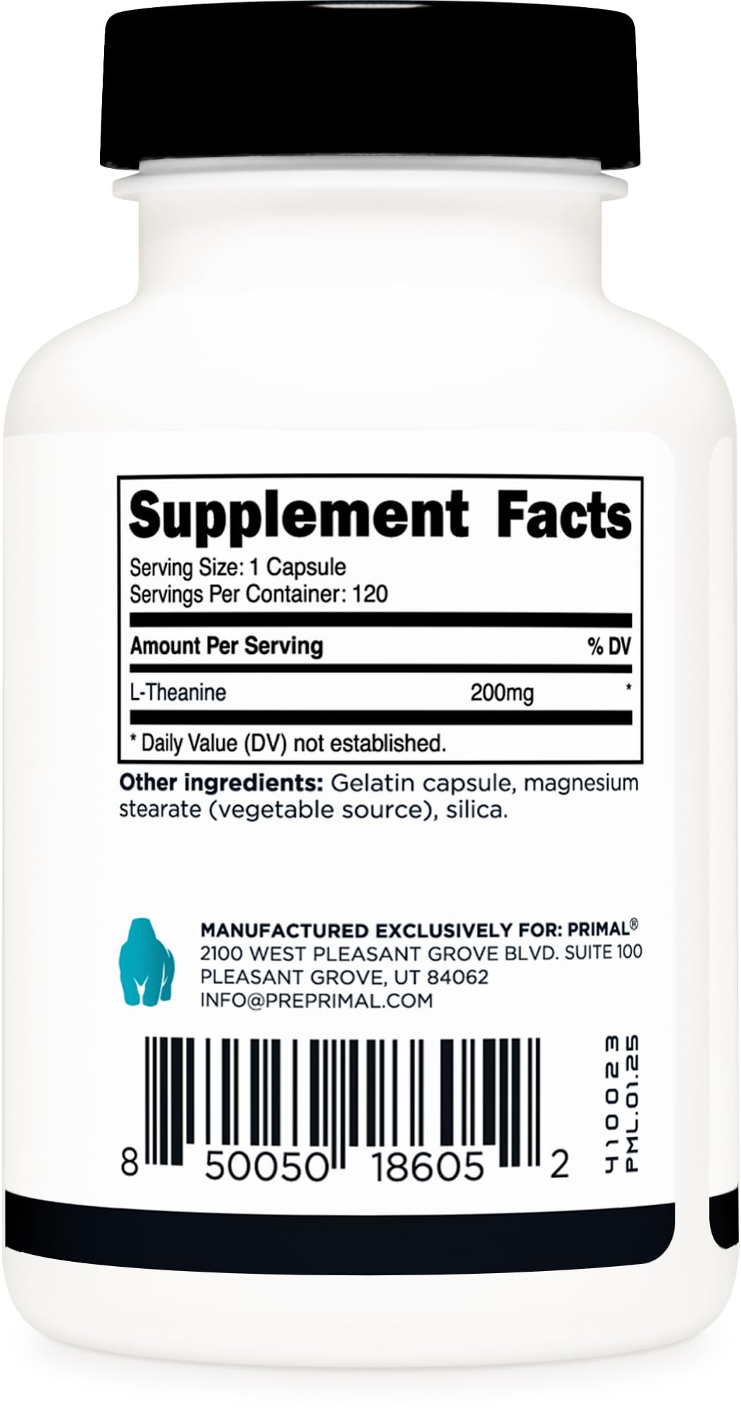 Primal L-Theanine Capsules (120 Servings, 200 mg Per Serving) – Non-GMO, Gluten Free