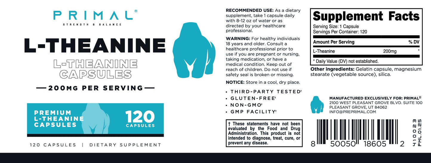 Primal L-Theanine Capsules (120 Servings, 200 mg Per Serving) – Non-GMO, Gluten Free