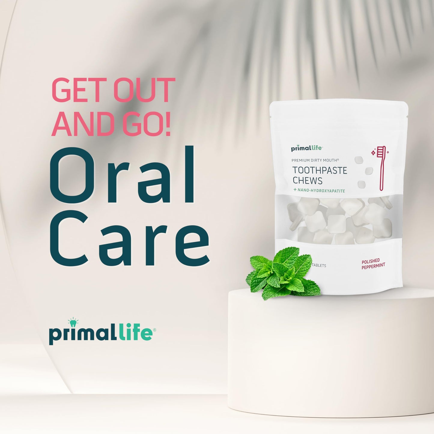 Primal Life Organics Dirty Mouth Chews – Nano-Hydroxyapatite Whitening, 60 Tabs, Polished Peppermint