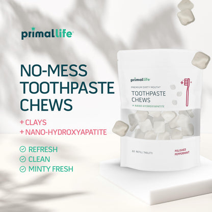 Primal Life Organics Dirty Mouth Chews – Nano-Hydroxyapatite Whitening, 60 Tabs, Polished Peppermint