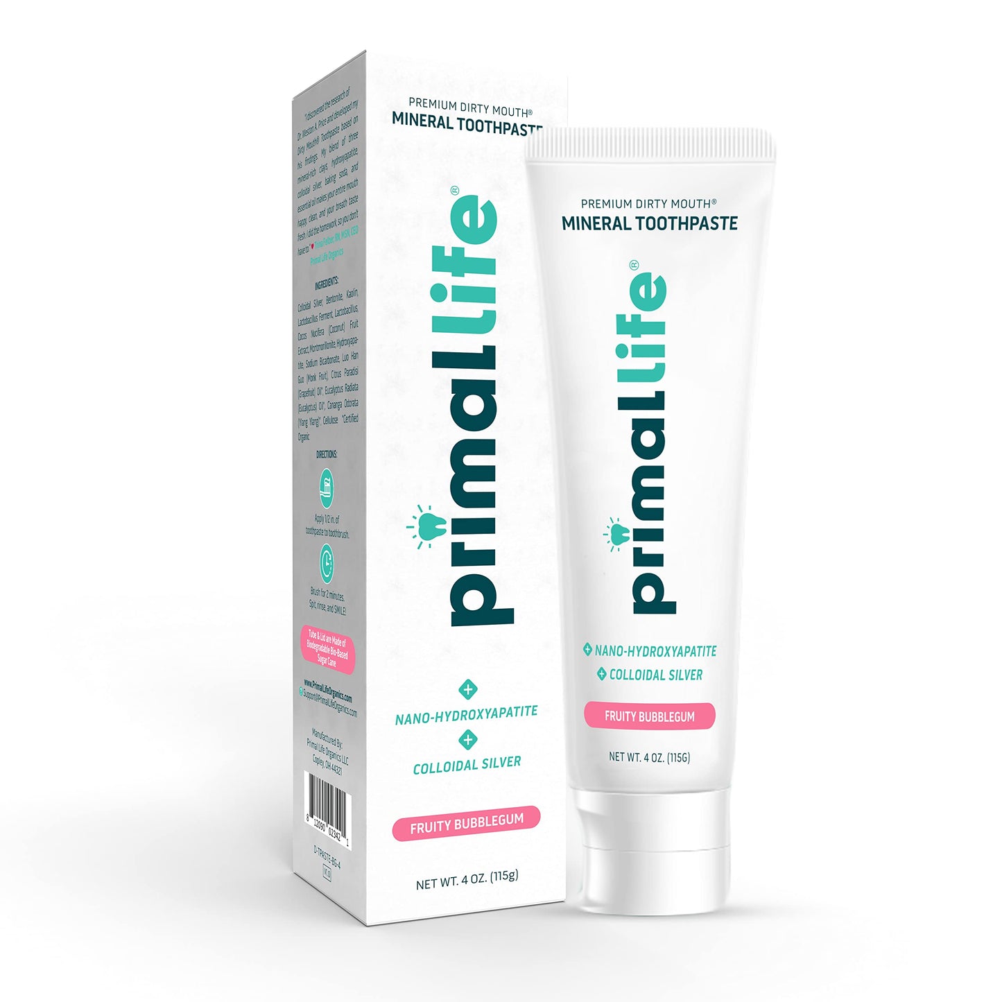 Primal Life Organics Dirty Mouth Toothpaste - Nano-Hydroxyapatite, Charcoal & Colloidal Silver (Bubblegum Flavor, 4oz)