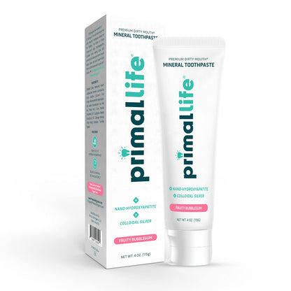 Primal Life Organics Dirty Mouth Toothpaste - Nano-Hydroxyapatite, Charcoal & Colloidal Silver (Bubblegum Flavor, 4oz)