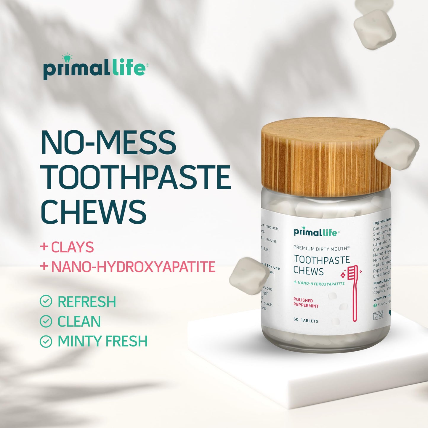 Primal Life Organics Dirty Mouth Toothpaste Chews – Nano-Hydroxyapatite Whitening, 60 ct, Gluten Free