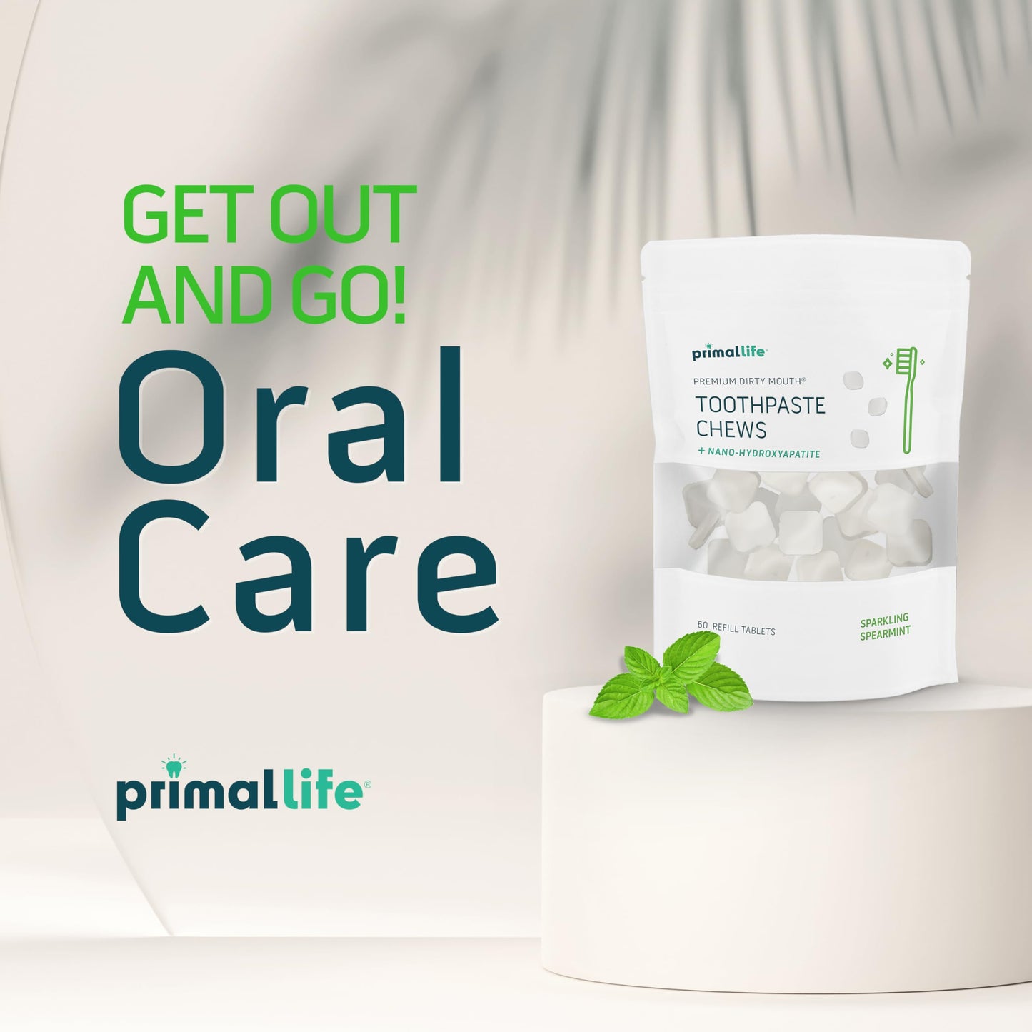 Primal Life Organics Dirty Mouth Toothpaste Chews – Nano-Hydroxyapatite Whitening, 60-Count Bag, Sparkling Spearmint