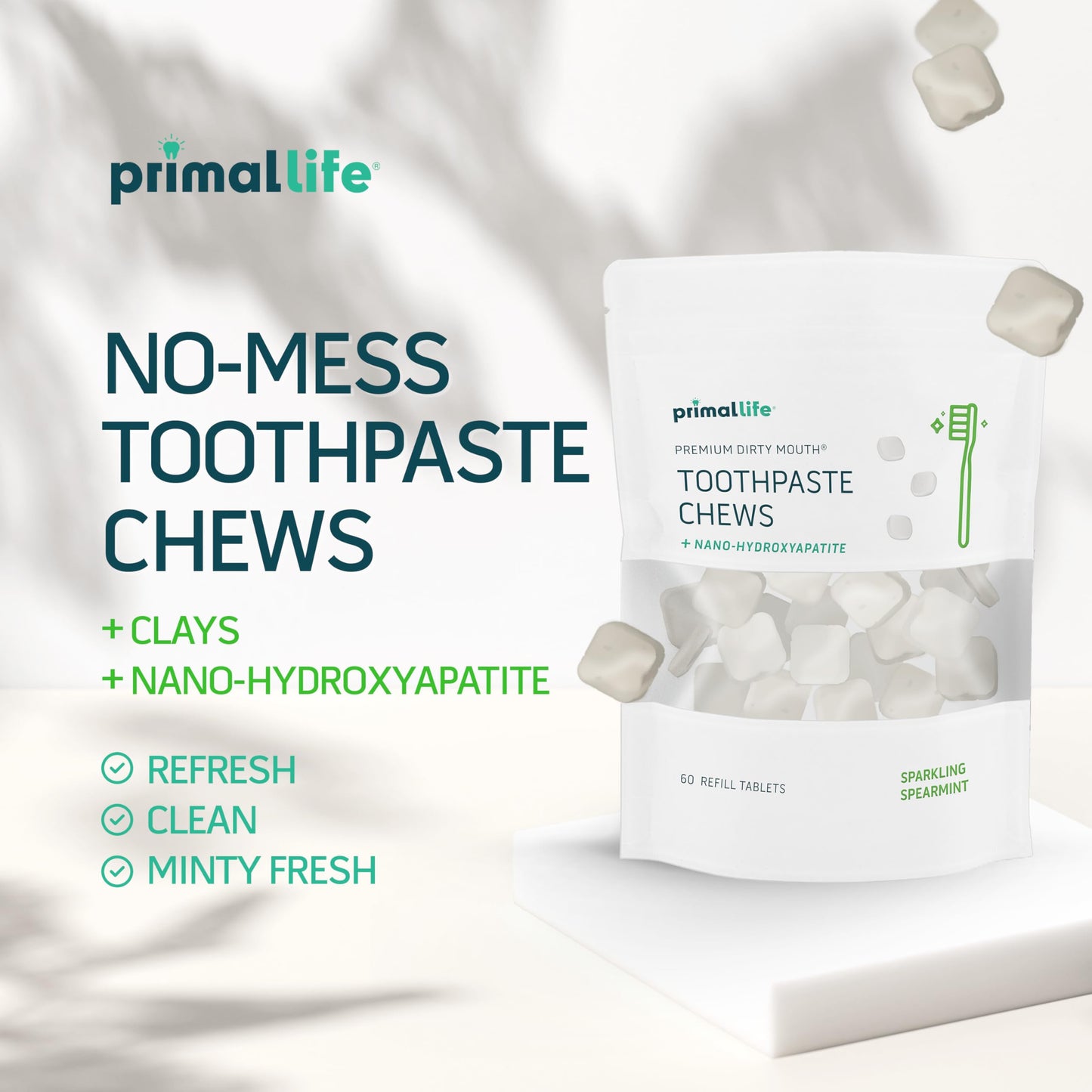 Primal Life Organics Dirty Mouth Toothpaste Chews – Nano-Hydroxyapatite Whitening, 60-Count Bag, Sparkling Spearmint