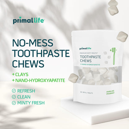 Primal Life Organics Dirty Mouth Toothpaste Chews – Nano-Hydroxyapatite Whitening, 60-Count Bag, Sparkling Spearmint