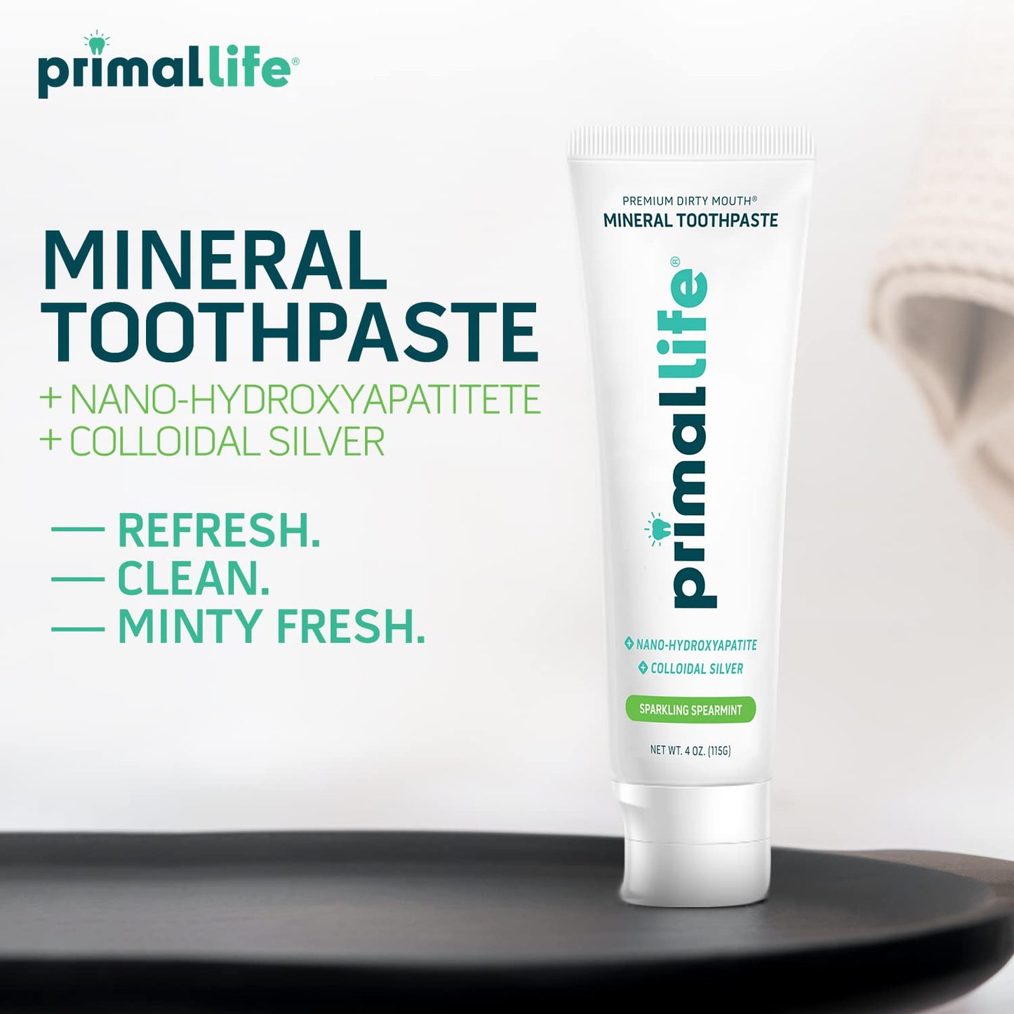 Primal Life Organics Dirty Mouth Toothpaste – Nano-Hydroxyapatite, Charcoal, Spearmint, 4 Oz