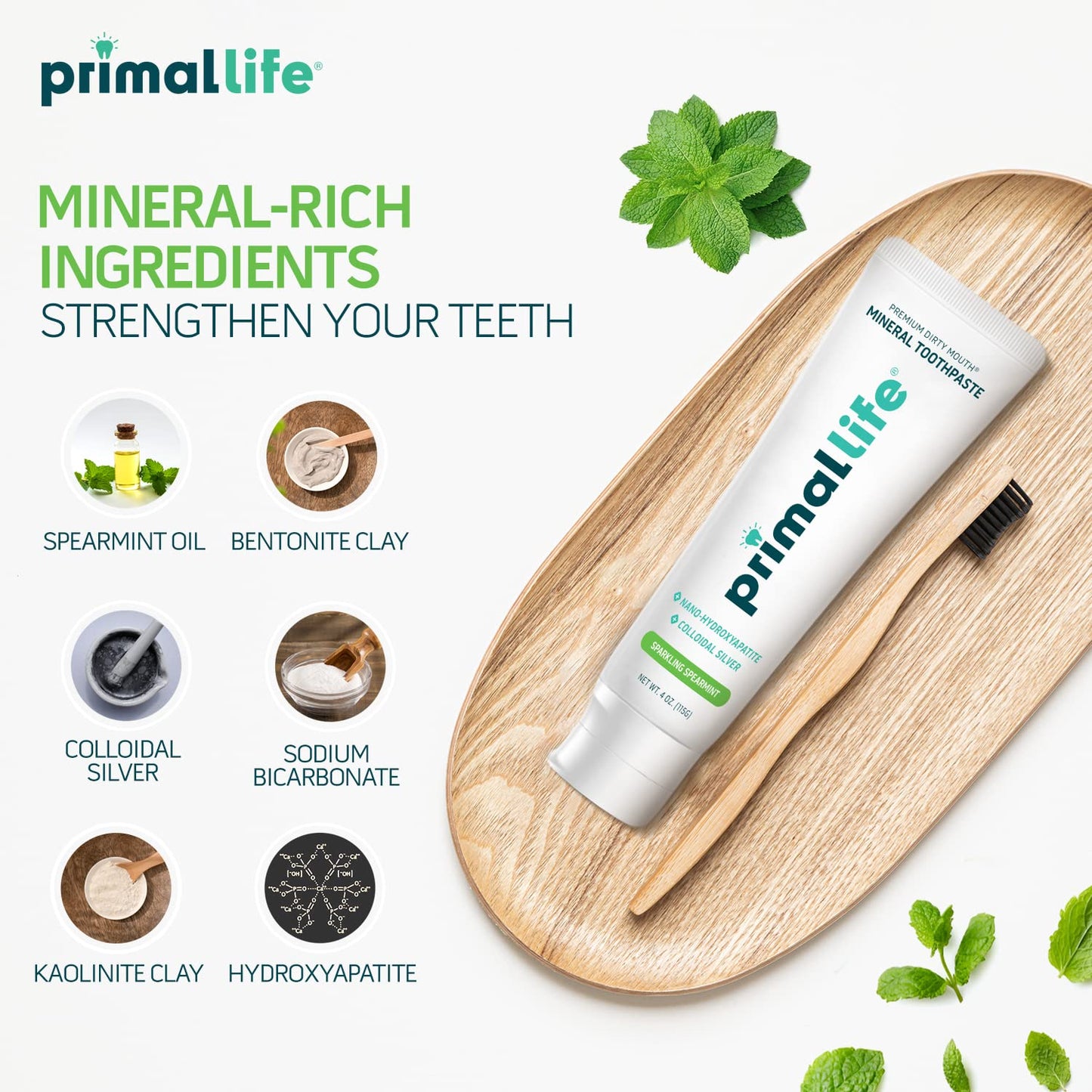 Primal Life Organics Dirty Mouth Toothpaste – Nano-Hydroxyapatite, Charcoal, Spearmint, 4 Oz