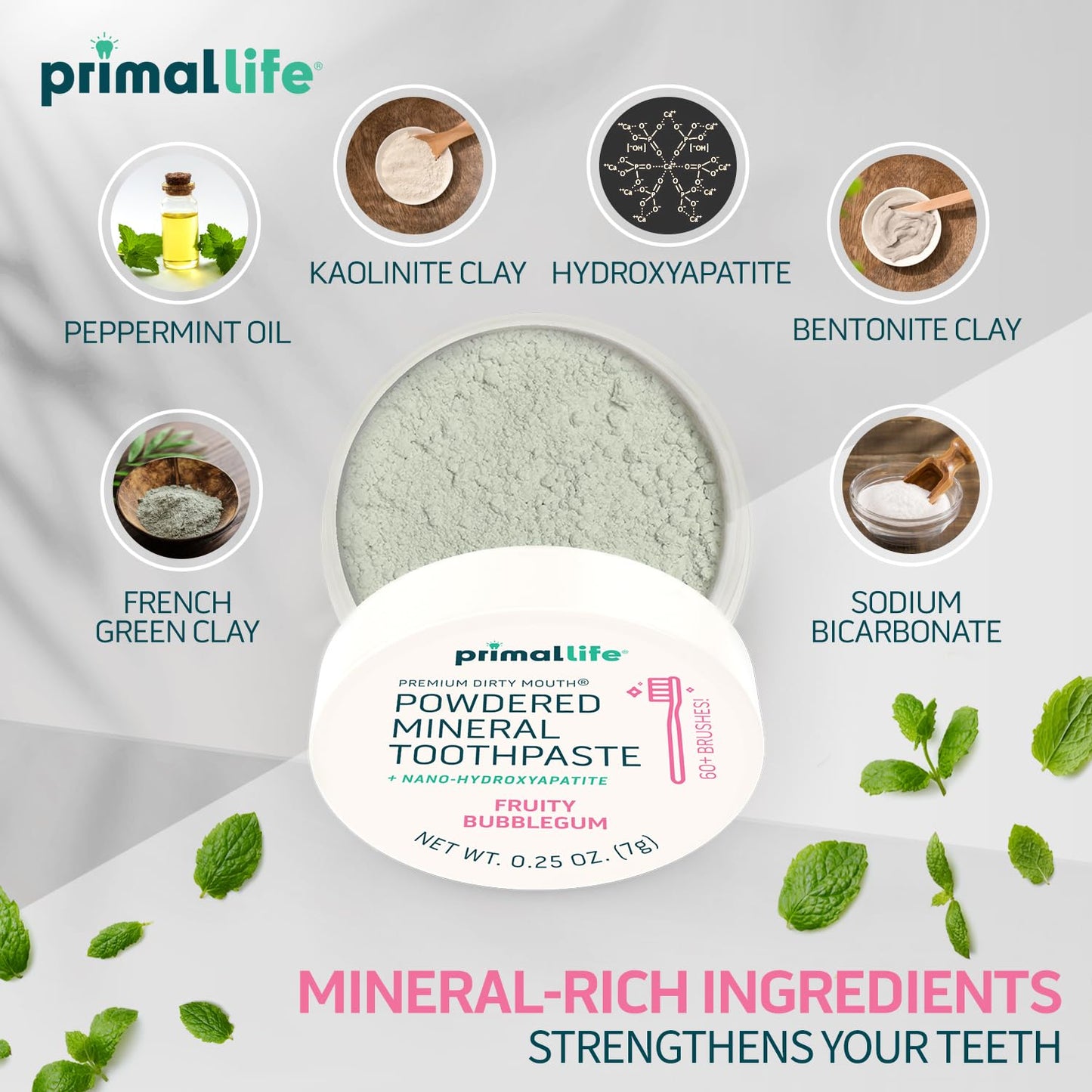 Primal Life Organics Dirty Mouth Toothpowder – Organic Vegan Kaolin & Bentonite Clays, Sweet Bubblegum Flavor (0.25 oz)