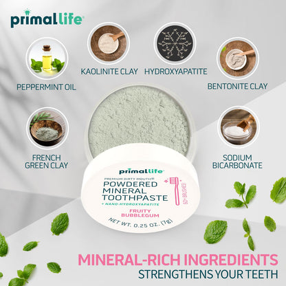 Primal Life Organics Dirty Mouth Toothpowder – Organic Vegan Kaolin & Bentonite Clays, Sweet Bubblegum Flavor (0.25 oz)