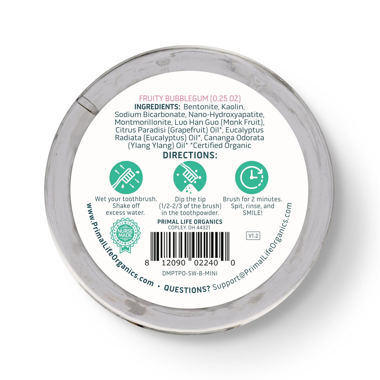 Primal Life Organics Dirty Mouth Toothpowder – Organic Vegan Kaolin & Bentonite Clays, Sweet Bubblegum Flavor (0.25 oz)