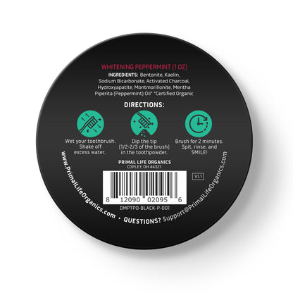 Primal Life Organics Dirty Mouth Toothpowder – Activated Charcoal with Kaolin & Bentonite Clay, Organic, Vegan, 1 oz (Black Peppermint) | 200+ Brushings