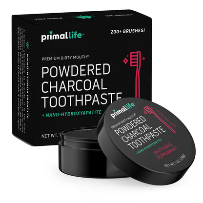 Primal Life Organics Dirty Mouth Toothpowder – Activated Charcoal with Kaolin & Bentonite Clay, Organic, Vegan, 1 oz (Black Peppermint) | 200+ Brushings
