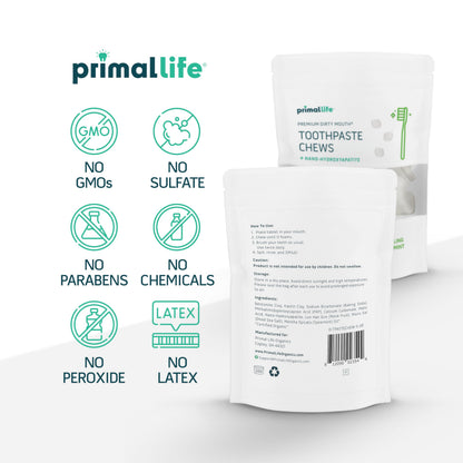 Primal Life Organics Dirty Mouth Toothpaste Chews – Nano-Hydroxyapatite Whitening, 60-Count Bag, Sparkling Spearmint