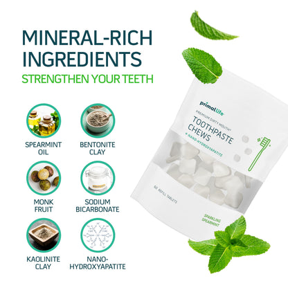 Primal Life Organics Dirty Mouth Toothpaste Chews – Nano-Hydroxyapatite Whitening, 60-Count Bag, Sparkling Spearmint