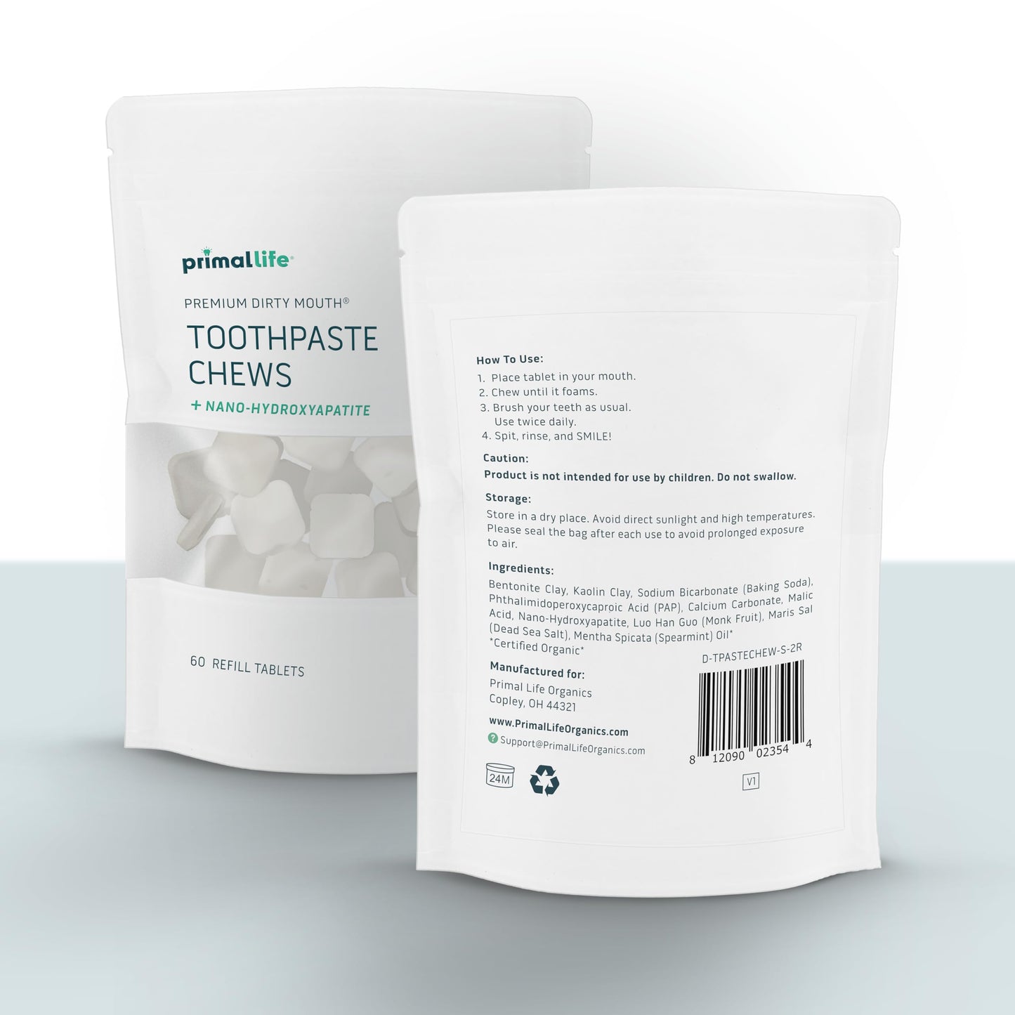 Primal Life Organics Dirty Mouth Toothpaste Chews – Nano-Hydroxyapatite Whitening, 60-Count Bag, Sparkling Spearmint