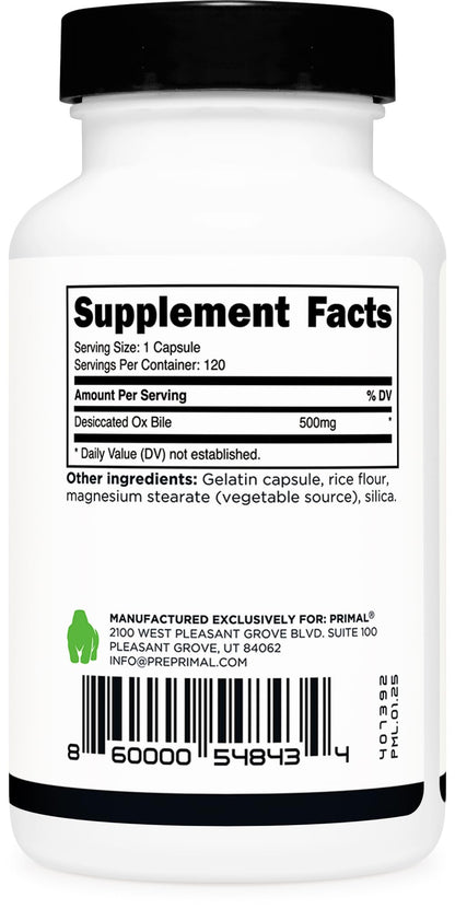 Primal Ox Bile - 120 Capsules | 500 mg per Serving | Gluten-Free & Non-GMO | Third-Party Tested