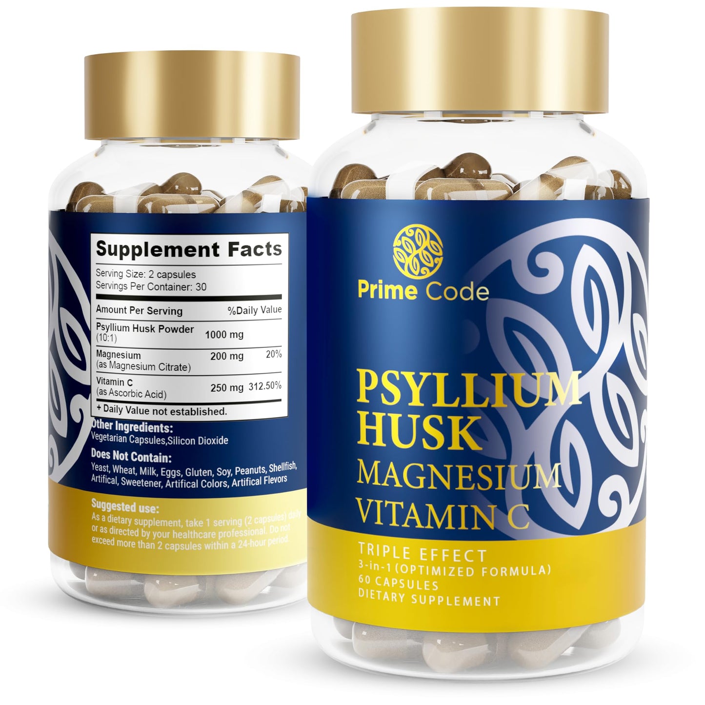 Prime Code Psyllium Husk Capsules 1000mg with Magnesium Citrate & Vitamin C | Non-GMO, Gluten & Soy Free | Vegan